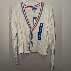 Prince Women's Cream Cardigan with Red and Blue Trim